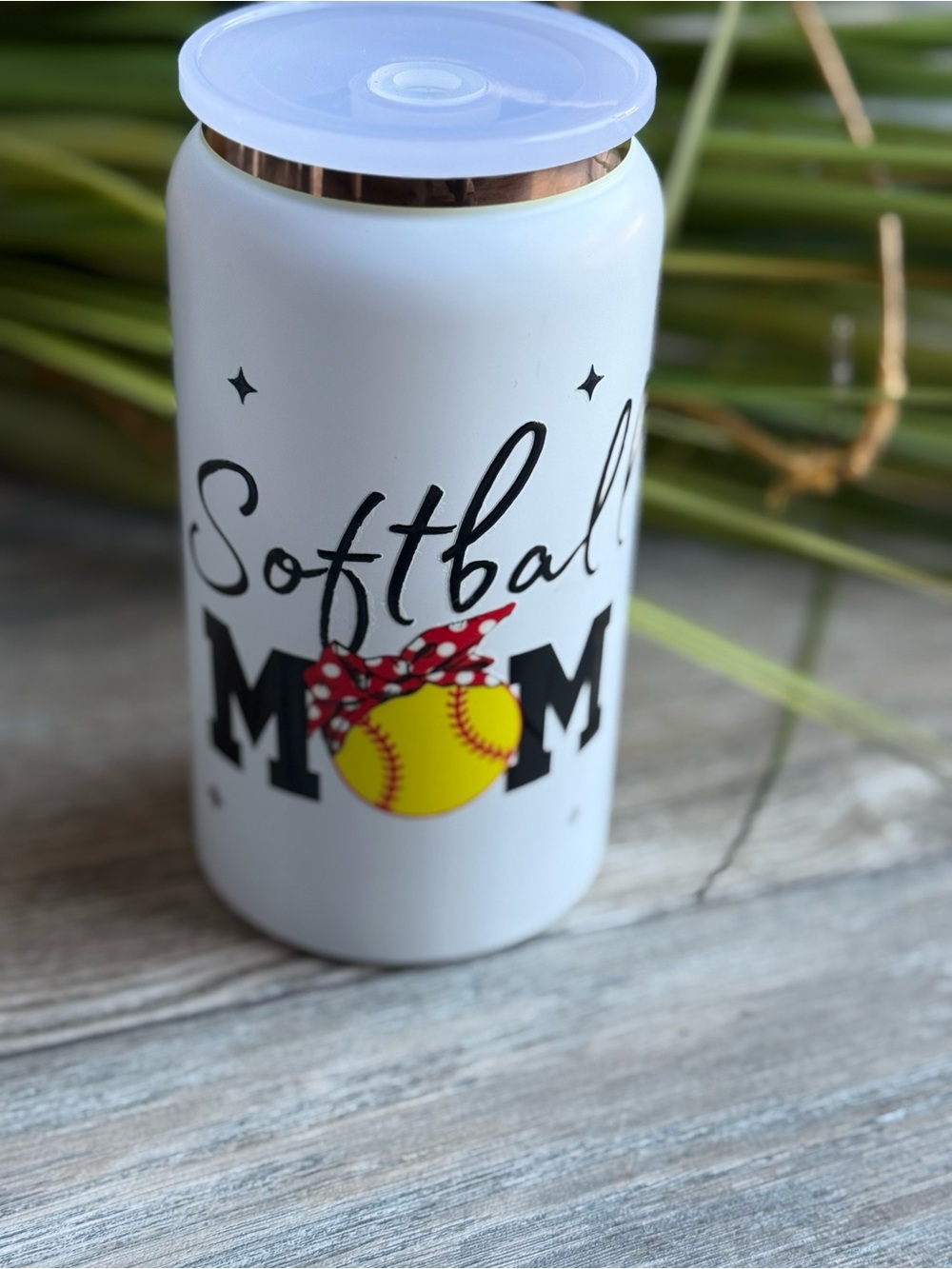 White Softball Mom Insulated Can Tumbler with Yellow Softball Graphic
